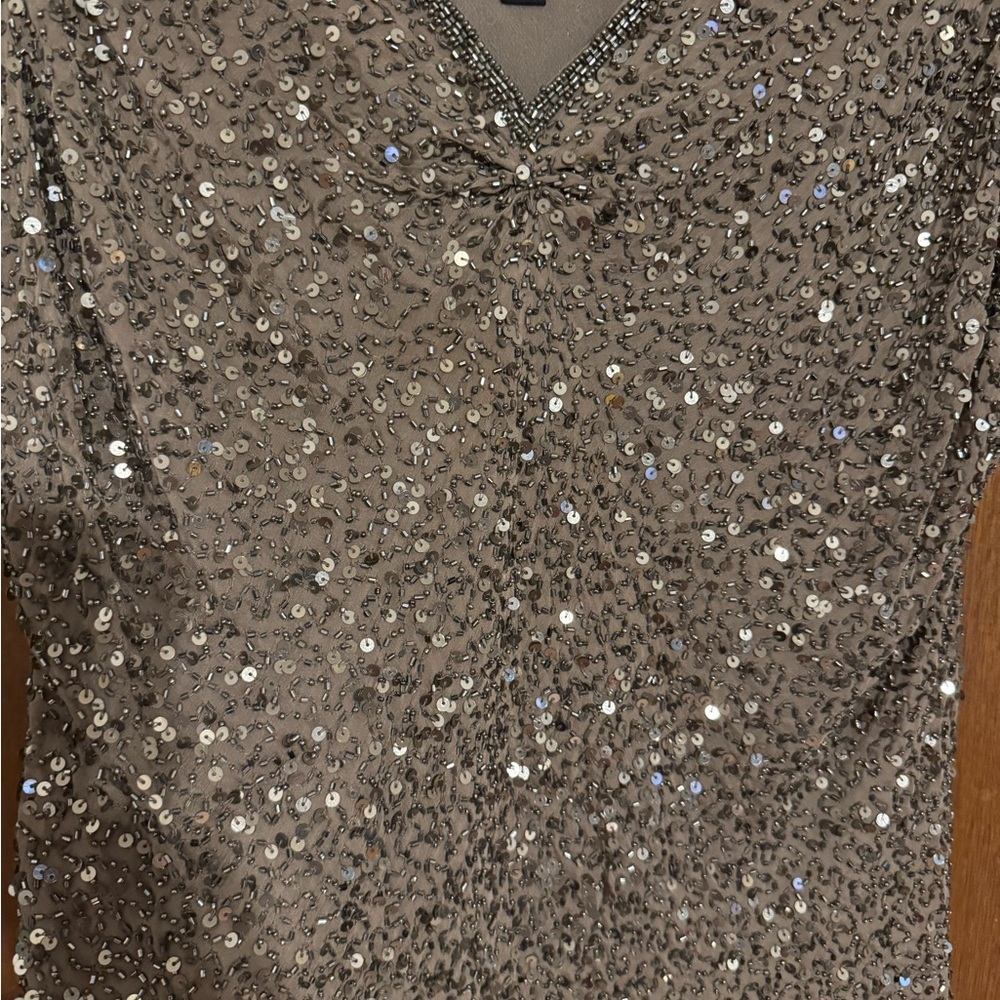 Adrianna Papell Sequin V-Neck Blouse in Brown - Picture 5 of 9